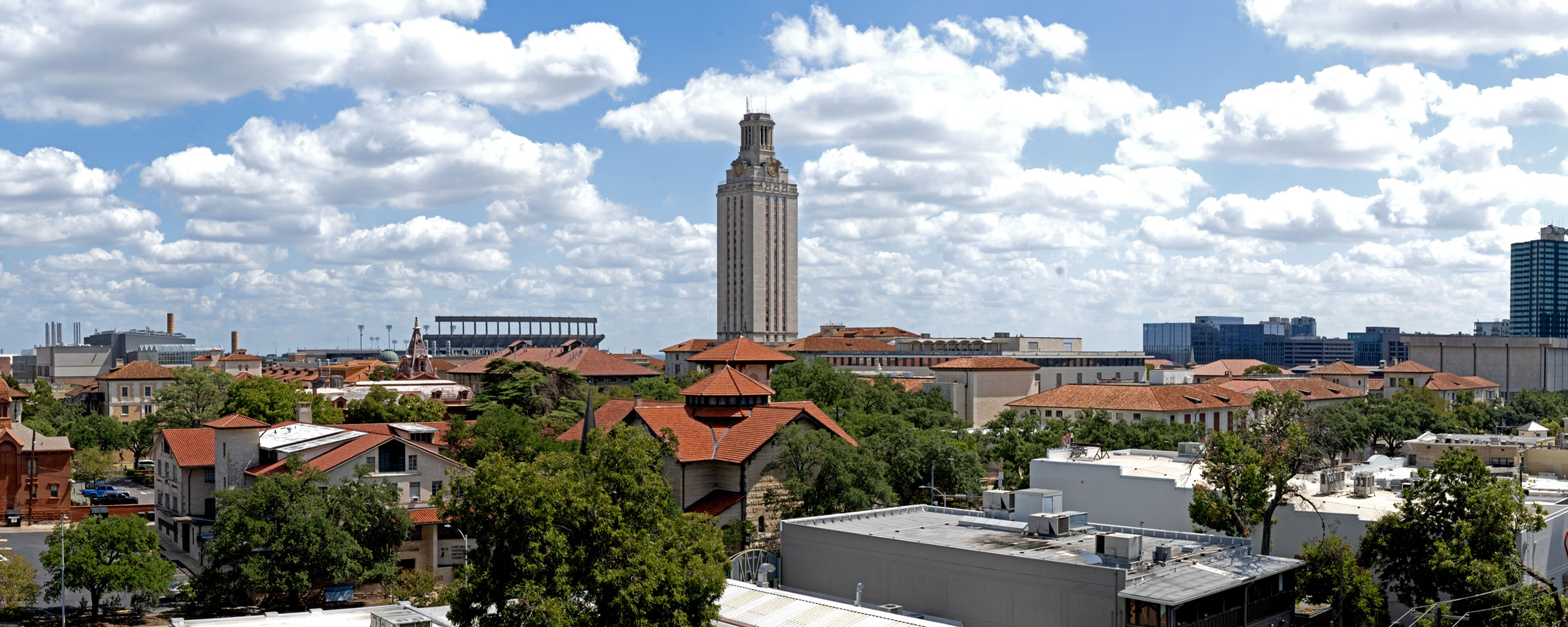 View of the UT Tower and UT Austin campus from San Antonio Garage